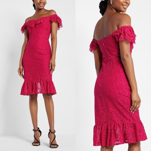 Express / NWT lace side cut out ruffle dress deep hot pink - Picture 1 of 9